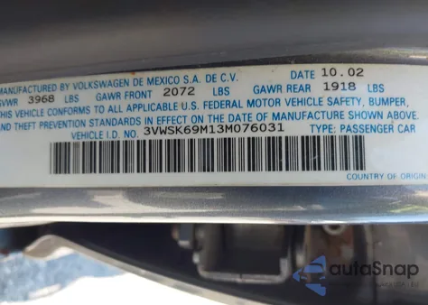 2003 Volkswagen Jetta Gls 2.0L from USA, damaged, VIN 3VWSK69M13M076031